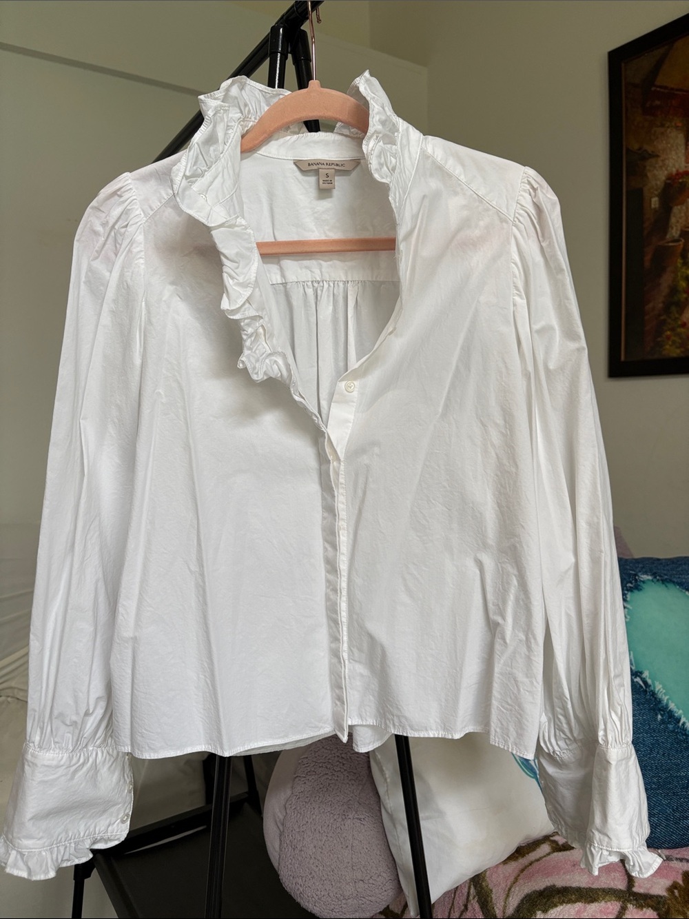 Banana Republic White Ruffle Collar Button-Down Shirt